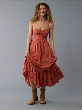 American Eagle Corset Burnt Orange Tie Back Eyelet Maxi Dress